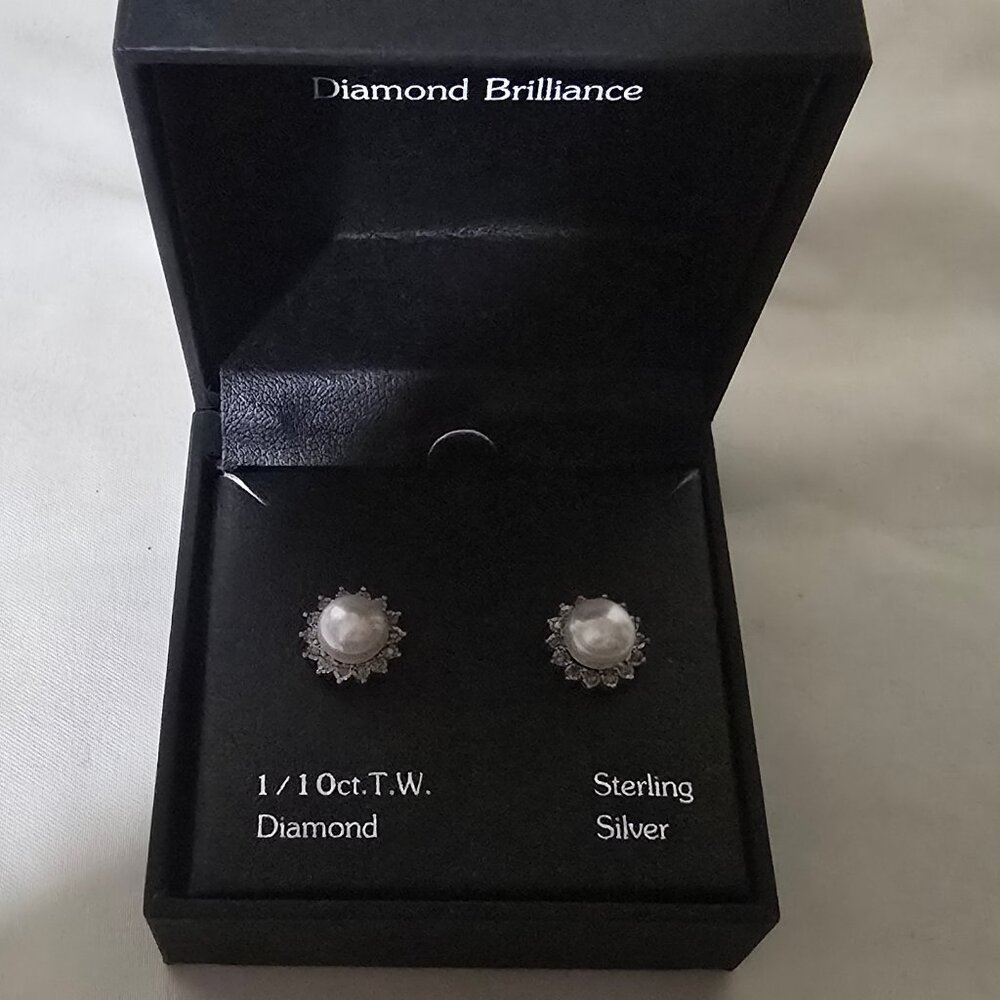 Pearl & Diamond Earrings 1/10 Ct. T.W., 925 Sterling Silver - NIB